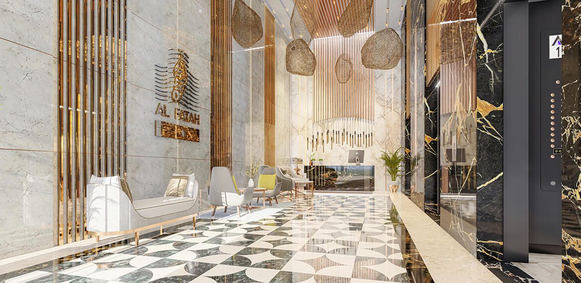 Discover interior features in Al-Fatah apartments that enhance value, including modern finishing, wooden flooring, and false ceiling flats at Al Fatah Icon.